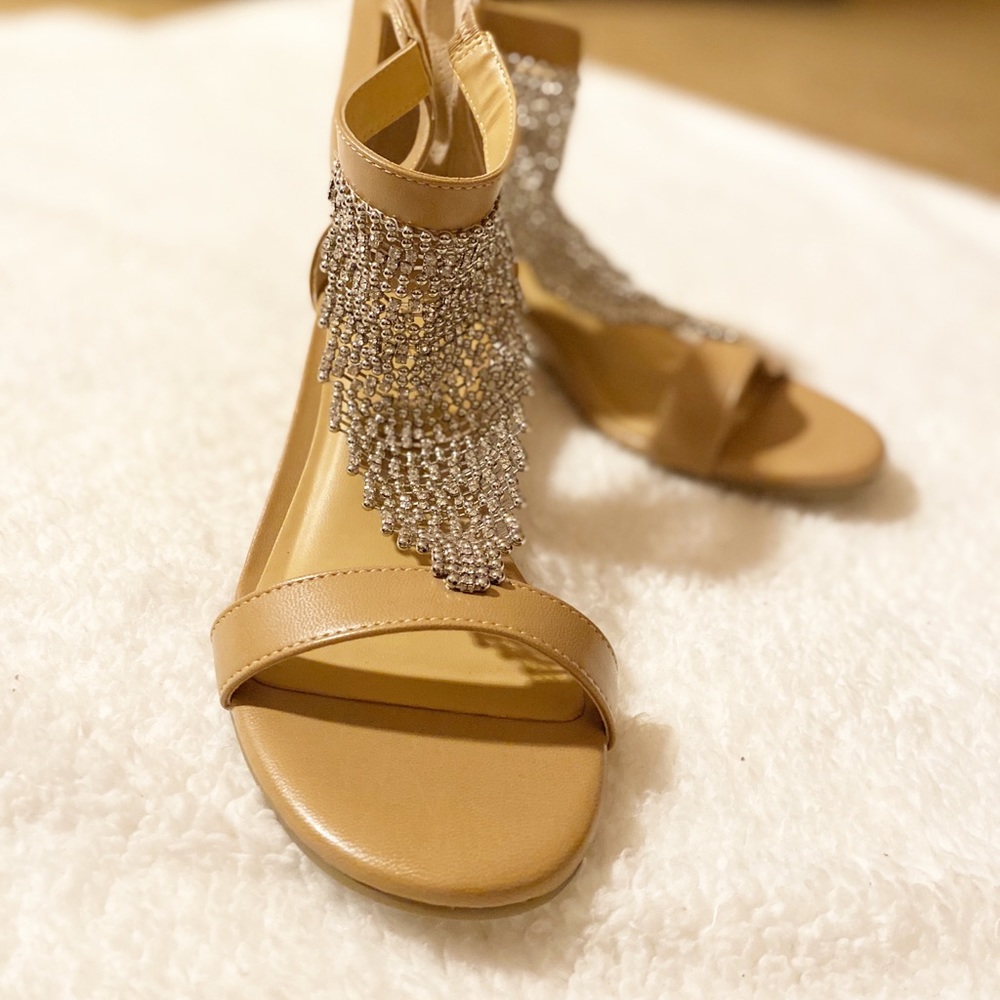 New Nude Thalia Rhinestone Dress Sandal Wedges